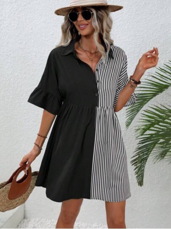 SHEIN Dresses & Skirts - Black & White Striped Half-Button Shirt Dress Sz M like new